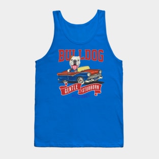 Cute and funny bulldog in a retro vintage car using red white and blue flags Tank Top